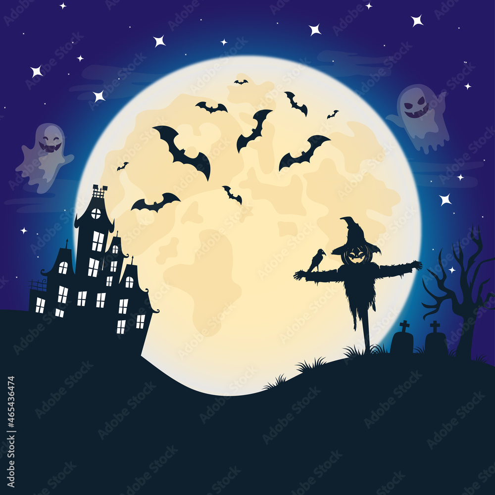 Vector Illustration for the holiday of halloween 2021. Panorama of a sinister village. Halloween panorama with castle, cemetery and abandoned village.