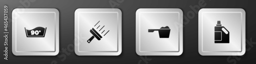 Set Temperature wash, Rubber cleaner for windows, Washing powder and Bottle cleaning agent icon. Silver square button. Vector