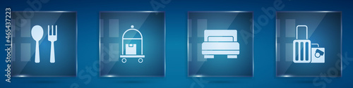 Set Fork and spoon, Suitcase, Hotel room bed and . Square glass panels. Vector