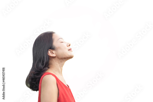 Happy peaceful woman breathing deep fresh air isolated in clipping path.