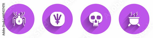 Set Spider, Neptune planet, Skull and Witch cauldron icon with long shadow. Vector