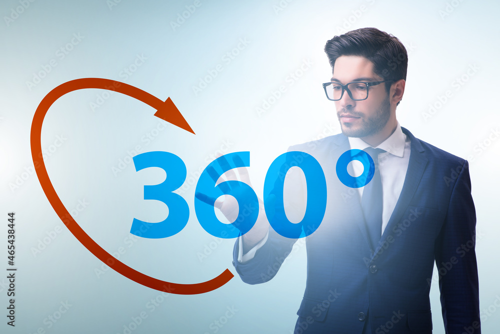 360 degree concept with businessman pressing button 360 degree concept with businessman pressing button
