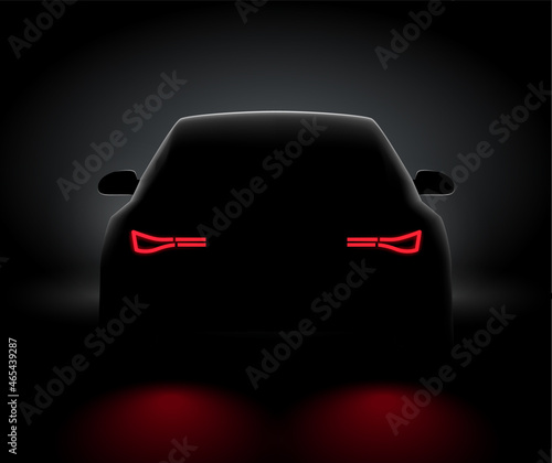 Car back view night light rear led realistic view. Car light in night dark background concept