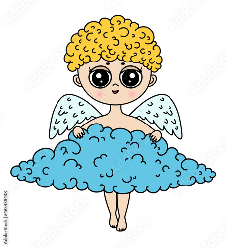 Cartoon cupid angel. Funny little angel icon. Valentine's Day character. Cartoon amur flying, cloud. Baby amur Valentines day heart hunter. Smilind cupid  boy holding cloud. photo