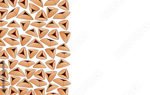 Hamantaschen backround. Happy Purim Jewish Holiday banner. Traditional jewish purim eating. Oznei Haman, hamantaschen cookies border. Israel culture, sweets, delicious  triangle cake.

