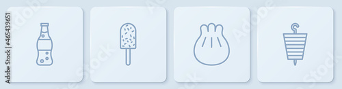 Set line Bottle of water, Khinkali on cutting board, Ice cream and Grilled shish kebab. White square button. Vector