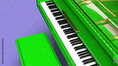 Green-Gold Grand Piano under purple background. 3D illustration. 3D CG. 3D high quality rendering. 