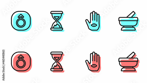 Set line Hamsa hand, Mars, Old hourglass with sand and Mortar pestle icon. Vector