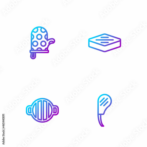 Set line Rib eye steak, Barbecue grill, Oven glove and Steak meat. Gradient color icons. Vector