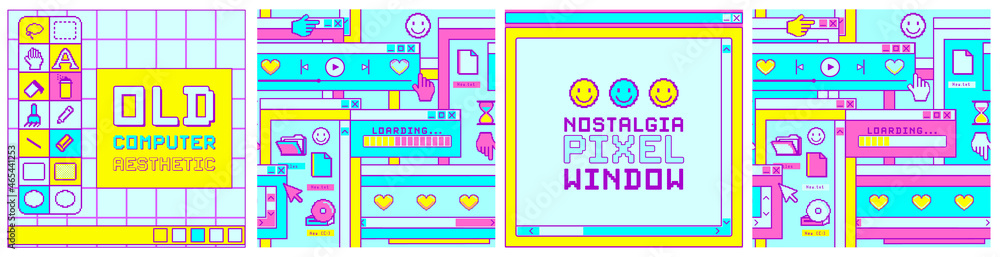 Old computer pixel window template for square social media posts, seamless patterns, frame for slogan. Nostalgia user interface with window boxes and folders. 