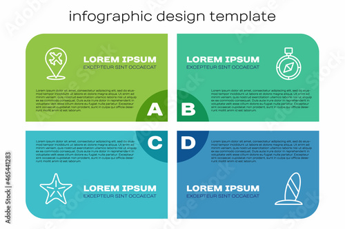 Set line Starfish, Plane, Surfboard and Compass. Business infographic template. Vector