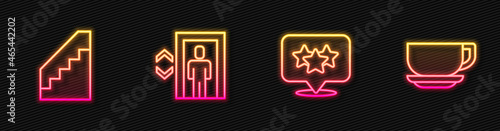 Set line Stars rating, Stairs, Lift and Coffee cup. Glowing neon icon. Vector