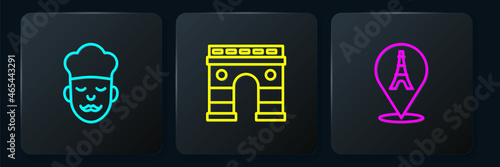 Set line Cook, Eiffel tower and Triumphal Arch. Black square button. Vector