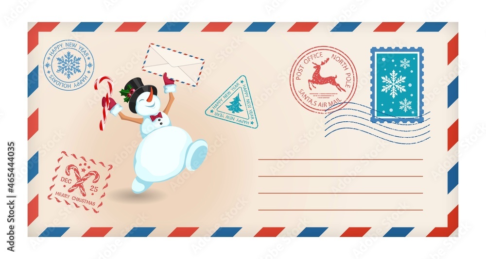 Merry Christmas envelope with cheerful snowman. Festive envelope with gifts, christmas postal stamps and postmarks. Vector illustration Merry Christmas envelope with cheerful snowman. Festive envelope with gifts, christmas postal stamps and postmarks. Vector illustration