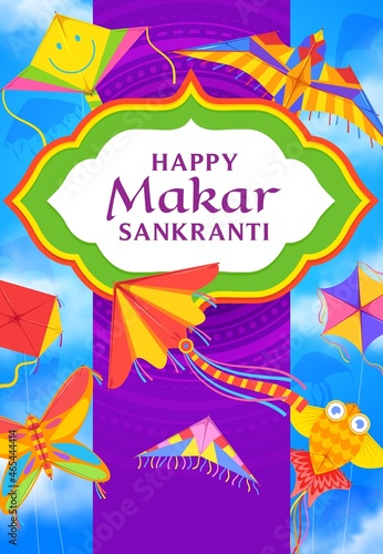 Makar Sankranti kites, Indian holiday vector poster. Butterfly, fish and bird shaped festive kites of Hindu religion festival, colorful paper toys with threads and ribbons flying in blue sky