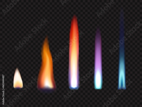 Fire flames of gas and zinc, potassium, strontium and sodium, realistic vector. Burning fire flames of natural gas or chemical elements with light glow or energy blaze effect isolated on transparent photo