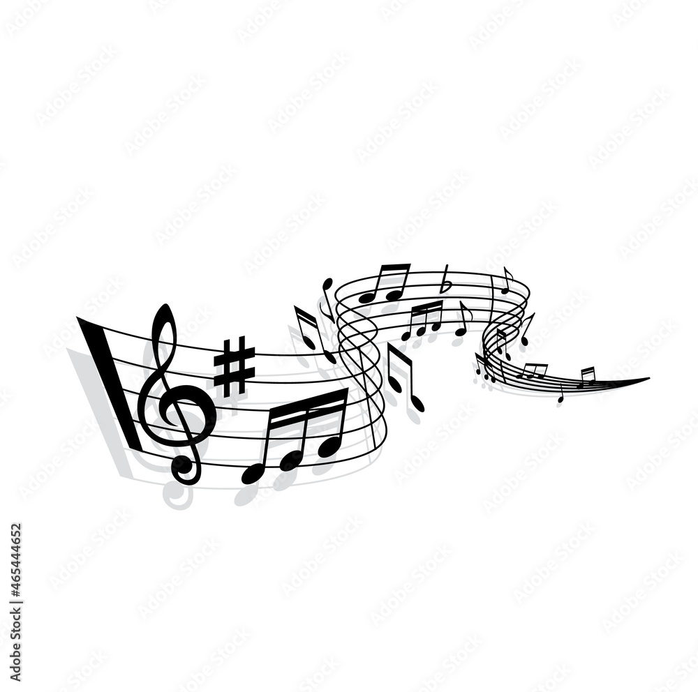 Music wave of vector sheet music with musical notes, swirling staff, treble clef, bar lines and sharp symbol with shadow. Musical notation marks of melody, song and sound composition design Music wave of vector sheet music with musical notes, swirling staff, treble clef, bar lines and sharp symbol with shadow. Musical notation marks of melody, song and sound composition design