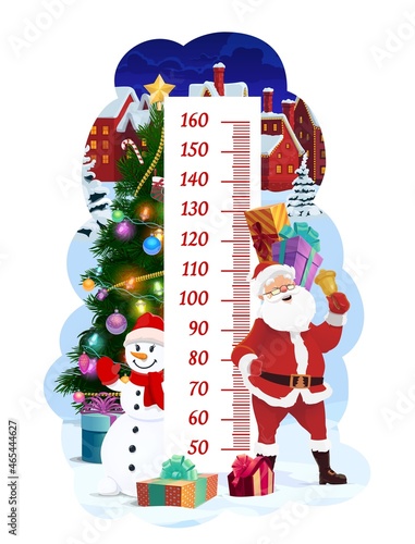 Kids height chart with Christmas Santa in winter town, vector growth meter. Kids height measure chart or baby tall scale, cartoon Xmas tree with holiday decoration and snowman with Christmas gifts