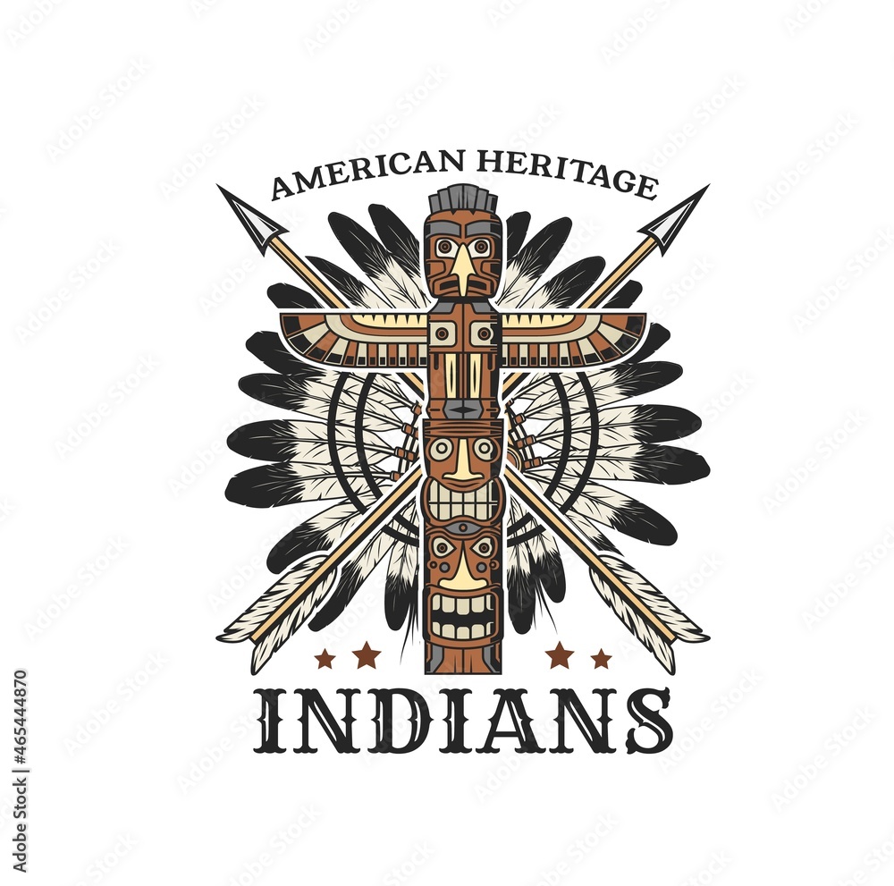 Fototapeta premium American indians tribal icon with totem pole, feather war bonnet and crossed arrows. Native americans tribe history museum retro vector emblem, icon or t-shirt print with indians culture symbols