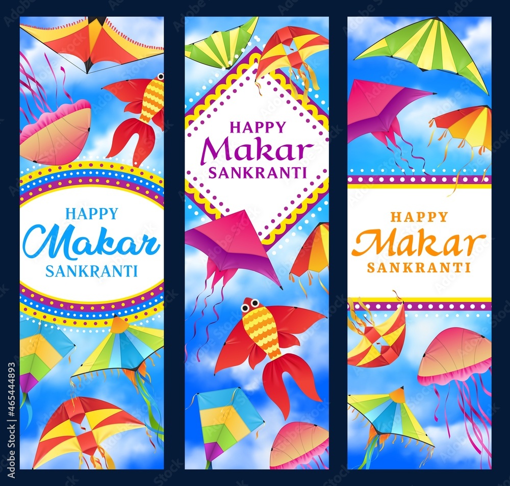 Indian Makar Sankranti holiday vector banners of Hindu religion kite  festival. Cartoon kites flying in blue cloudy sky, fish, bird and butterfly  paper wind toys with colorful threads greeting card Stock Vector |