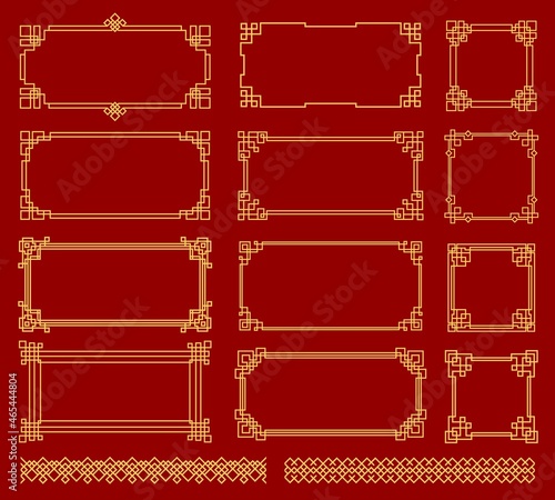 Asian knot frames and borders, Korean, Chinese and Japanese knot patterns, vector. Chinese golden knot frames, dividers and boarders on red background, asian oriental line pattern embellishment