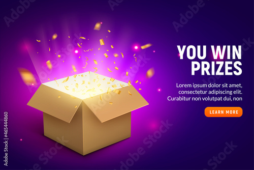 Vector prize gift box confetti explosion background. Open box winner reward