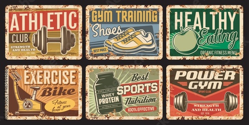 Fitness and gym rusty plates. Sport outfit and nutrition shop, fitness equipment store, bodybuilding club and healthy eating grunge vector tin signs. Barbell, exercise bike and sneakers, protein
