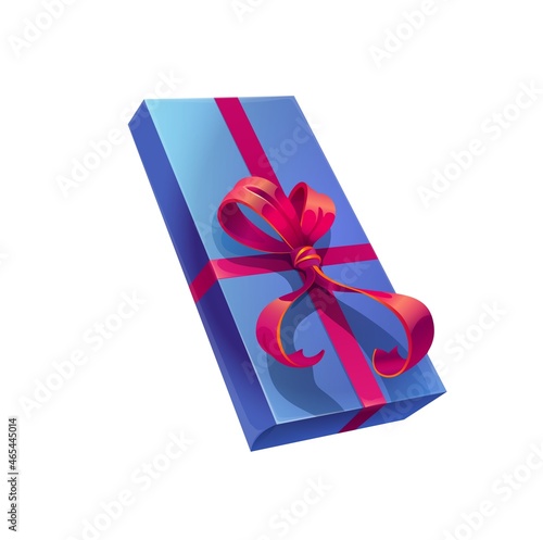 Holiday gift box, vector present wrapped with blue wrapping paper and sumptuous red bow. Isolated cartoon rectangular giftbox for Christmas, Valentine Day, Birthday or New Year events celebration