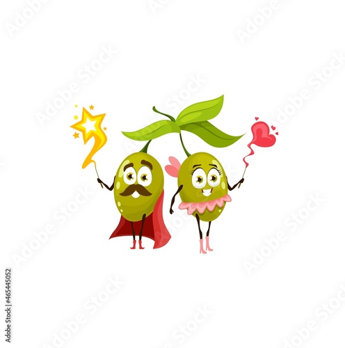 Olives cartoon characters man in cape and woman sorcerer and witch with magic heart with bow and star in hands isolated. Vector cute vegetable berries green olives emoticon, funny cut faces, leaves