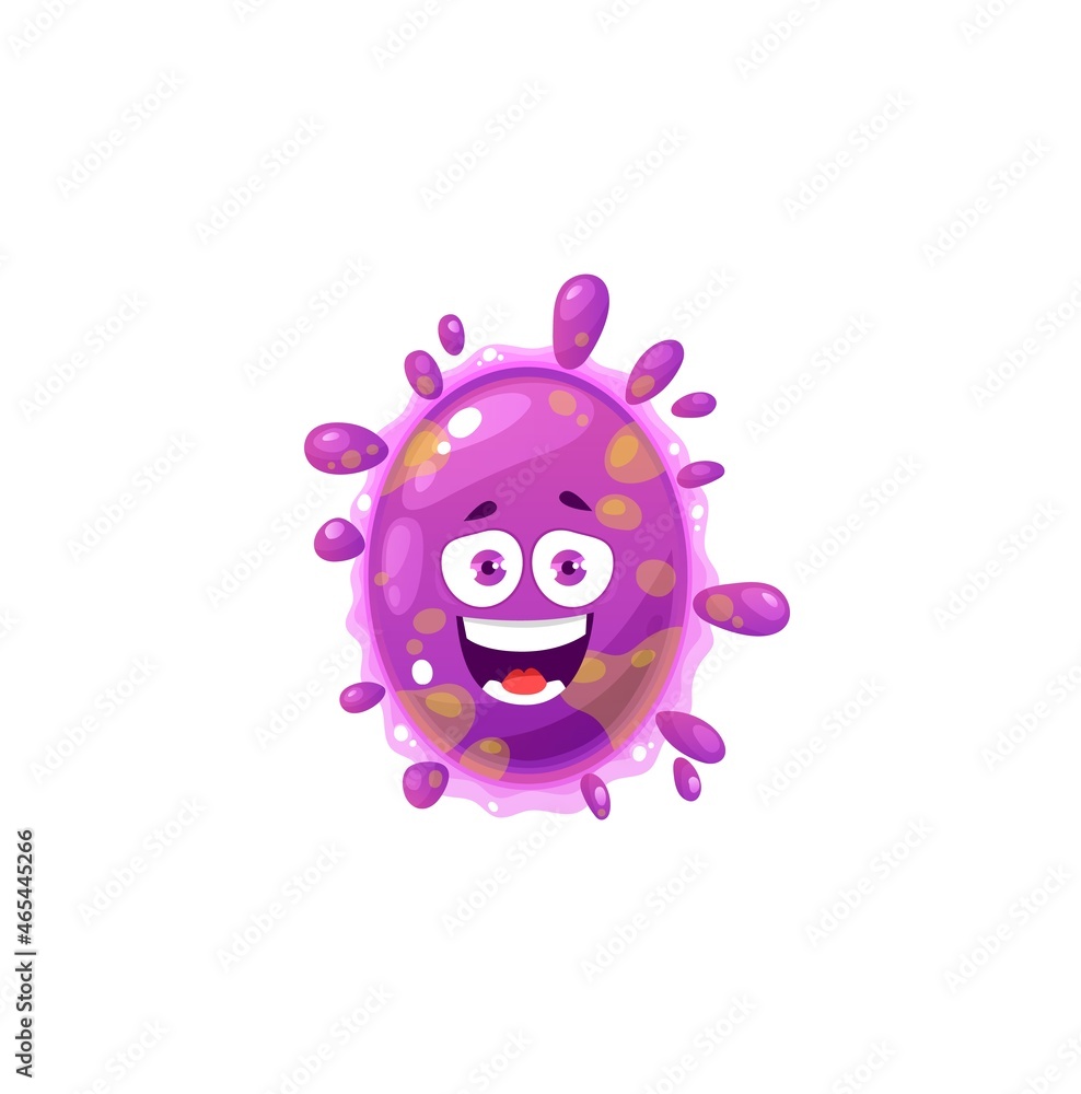 Cartoon virus cell vector icon, cute purple bacteria, happy laughing germ character with funny face and pimples. Smiling pathogen microbe with big eyes, isolated micro organism symbol Cartoon virus cell vector icon, cute purple bacteria, happy laughing germ character with funny face and pimples. Smiling pathogen microbe with big eyes, isolated micro organism symbol
