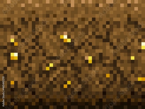 Golden nuggets and ore in ground blocks pattern, cubic pixel game vector background. Gold mine craft for computer game interface, 8bit pixel underground pattern with golden treasure in ground