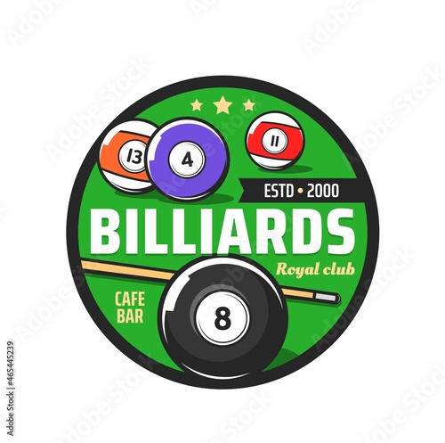 Billiards club vector icon of pool cue sport with billiard balls and cue on green table of snooker game. Billiards tournament, sporting competition and pool hall isolated round symbol design