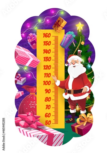 Christmas kids height chart, cartoon Santa with holiday tree growth meter. Vector wall sticker for children height measurement with funny xmas character with gifts, ruler scale and festive decor