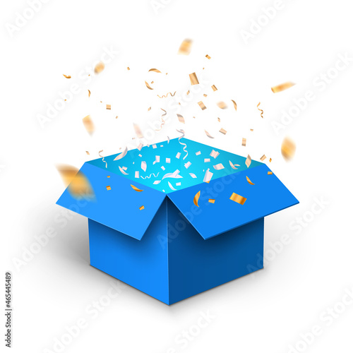 Blue gift box confetti explosion. Magic open surprise gift box package decoration
