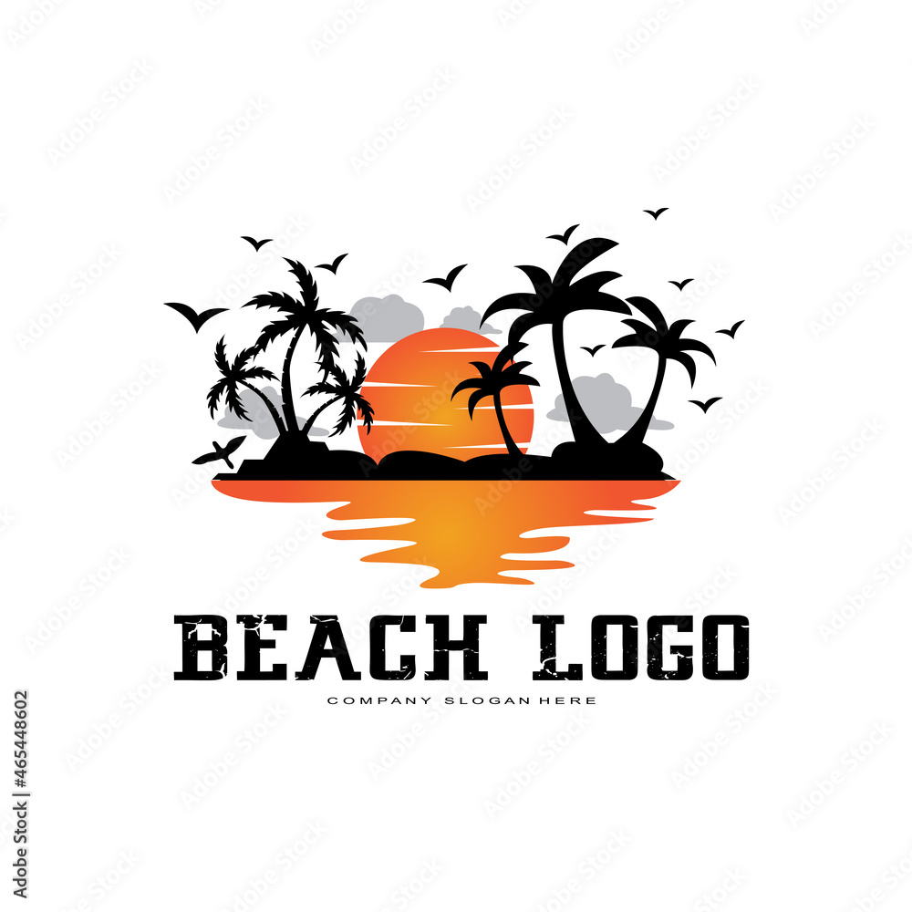 Naklejka premium vector beach logo template with sunset, coconut trees, fishing boats, sailboats, and flying birds, ocean waves, retro circle design concept
