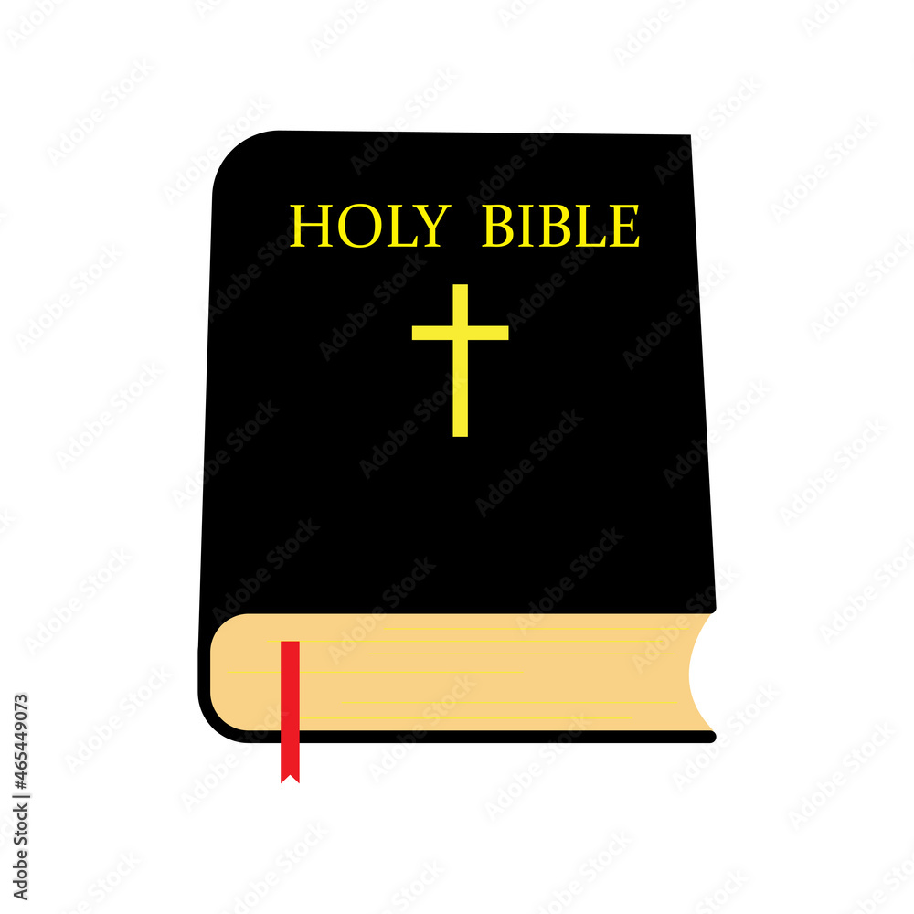 Holy bible icon. Yellow cross. Black book. Red ribbon. Religion concept. Flat design. Vector illustration. Stock image. 