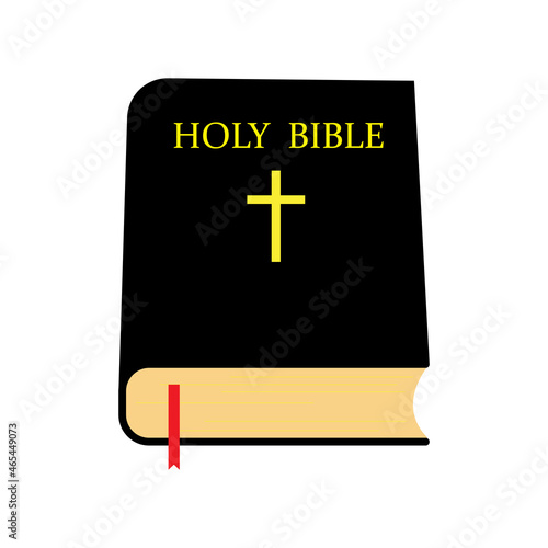 Holy bible icon. Yellow cross. Black book. Red ribbon. Religion concept. Flat design. Vector illustration. Stock image. 