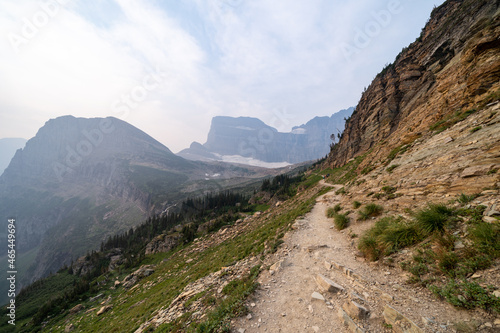 Grinnell Glacier trail in Glacier National Park during hazy, smokey conditions from wildfires