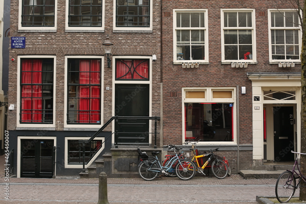 empty windows of the red light district in the early morning in winter amsterdam