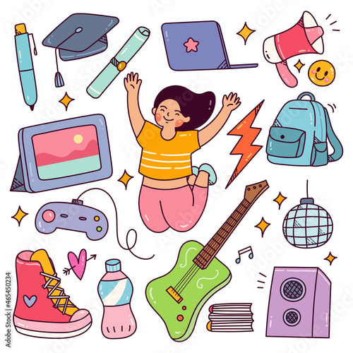 Youth day concept doodle, happy teenager with their hobbies and equipment