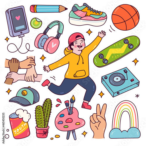 Youth day concept doodle, happy teenager with their hobbies and equipment
