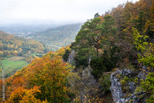The Röthelfels with trees in bright autumn colors and further rocks at Gößweinstein, Franconian Switzerland, Germany
