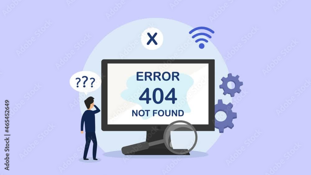 Confused man looking at monitor with error 404 Confused man looking at monitor with error 404