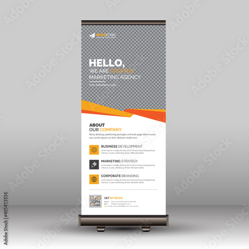 Orange, Yellow, Black Corporate Business Roll Up Banner Signage Standee Pull Up Template Set for Multipurpose Use with Elegant Look