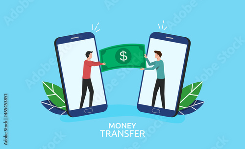 Online money transfer concept, two men holding money paper for transaction by using internet service