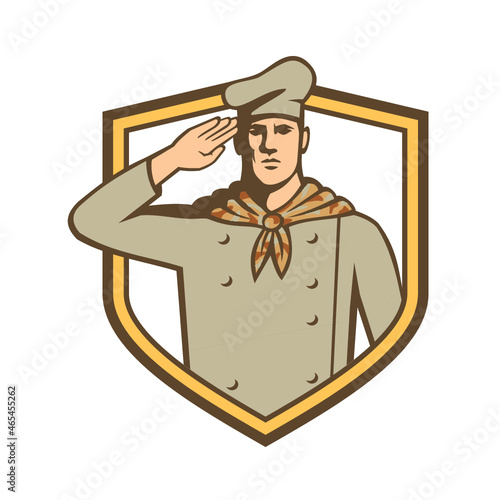 Retro style illustration of a military chef or cook wearing camouflage uniform saluting viewed from front set inside crest or shield on isolated background done in color.