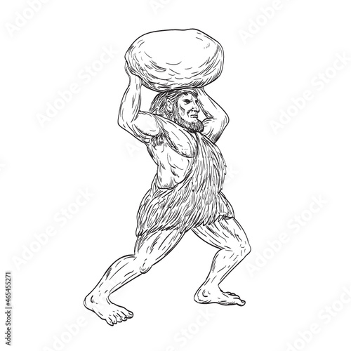 Drawing sketch style illustration of a Jentil or Jentilak a race of giants throwing rocks or stone in the Basque mythology viewed from side on isolated white background.
