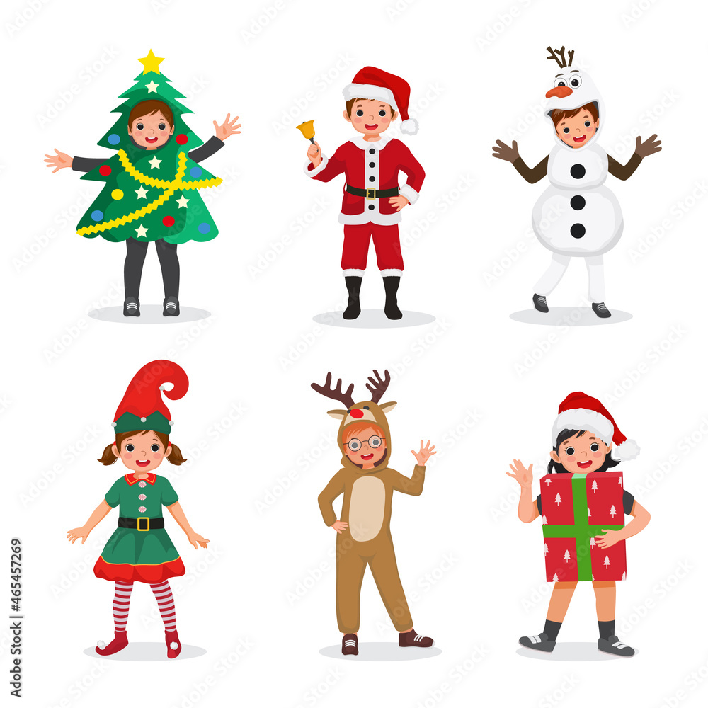 Happy children wearing Christmas costumes such as, Christmas tree, Santa clause holding bell, snowman, elf, reindeer, and gift box character. Vector of cute kids dressing in carnival holiday.