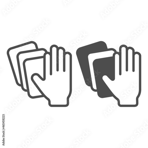 Hand and playing cards, gambling line and solid icon, gambling concept, deal the cards vector sign on white background, outline style icon for mobile concept and web design. Vector graphics.