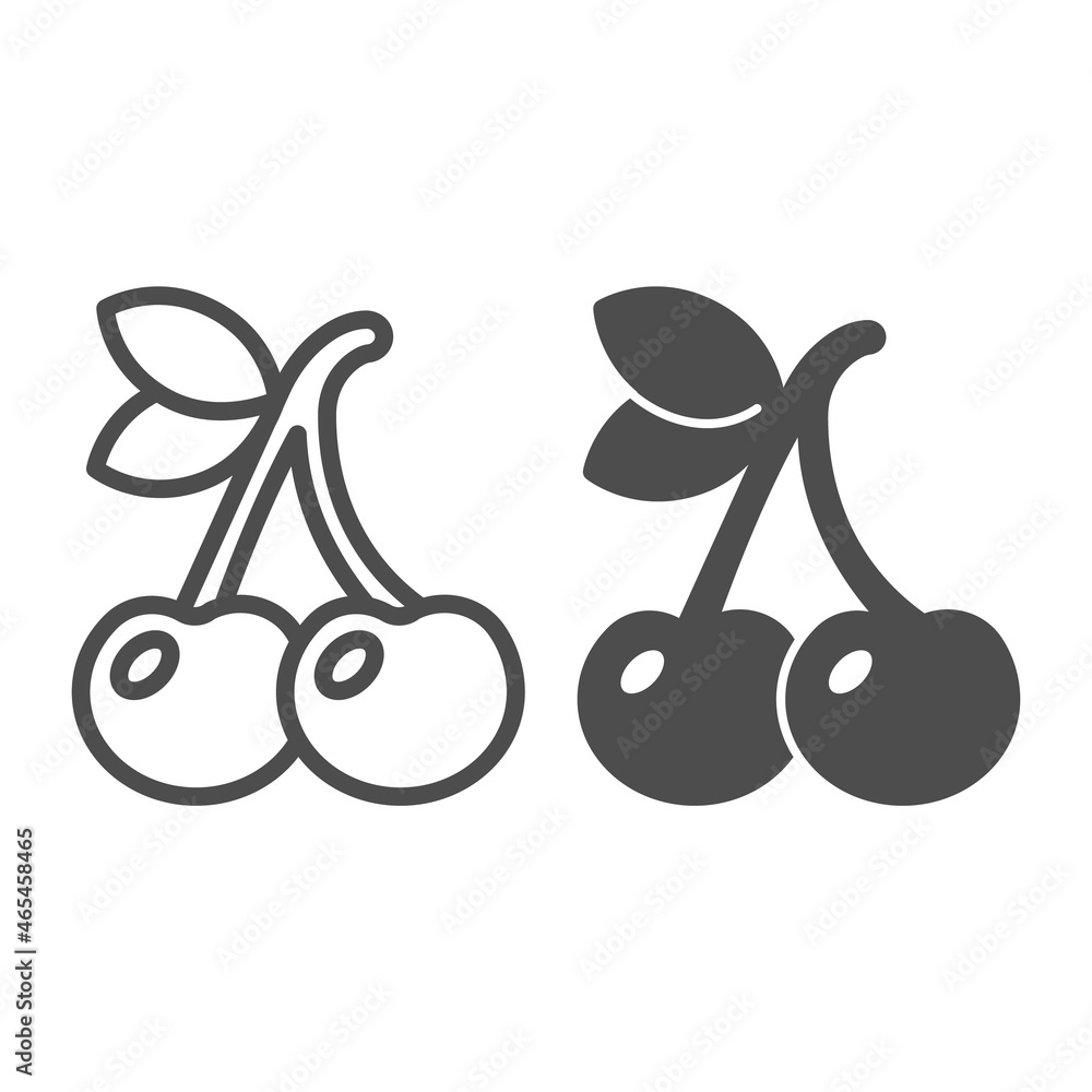 Two cherries with leaves, slot machine line and solid icon, gambling concept, fruit machine vector sign on white background, outline style icon for mobile concept and web design. Vector graphics. Two cherries with leaves, slot machine line and solid icon, gambling concept, fruit machine vector sign on white background, outline style icon for mobile concept and web design. Vector graphics.